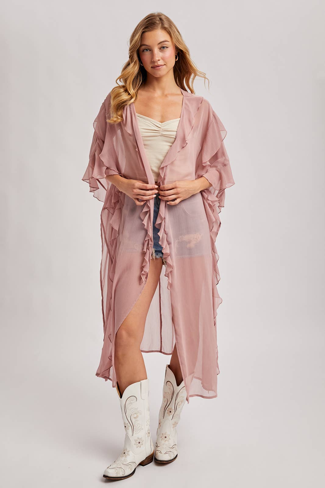 Sheer Dusty Rose Ruffled Kimono