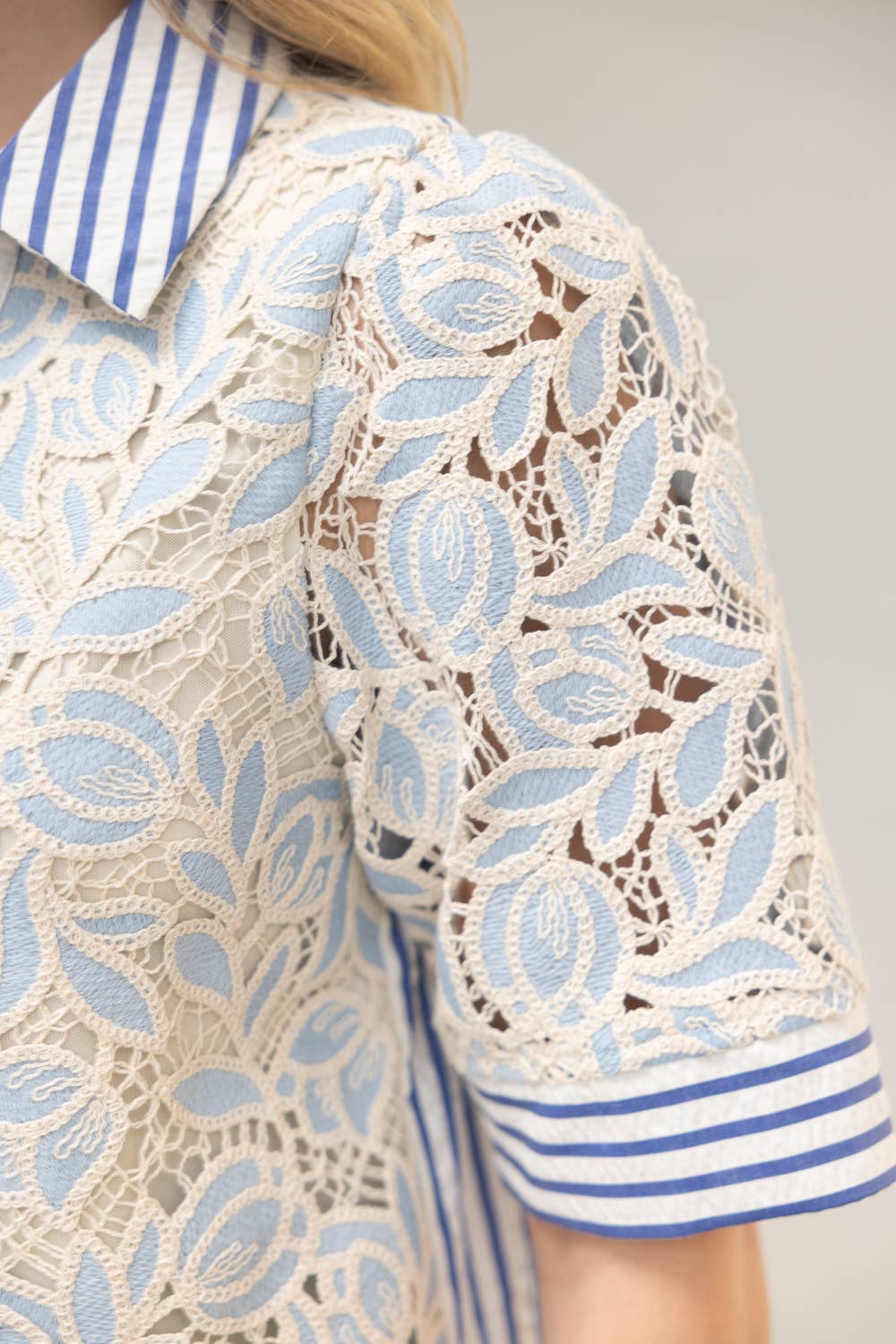 Collared V-Neck Stripe and Lace Mixed Fabric Top