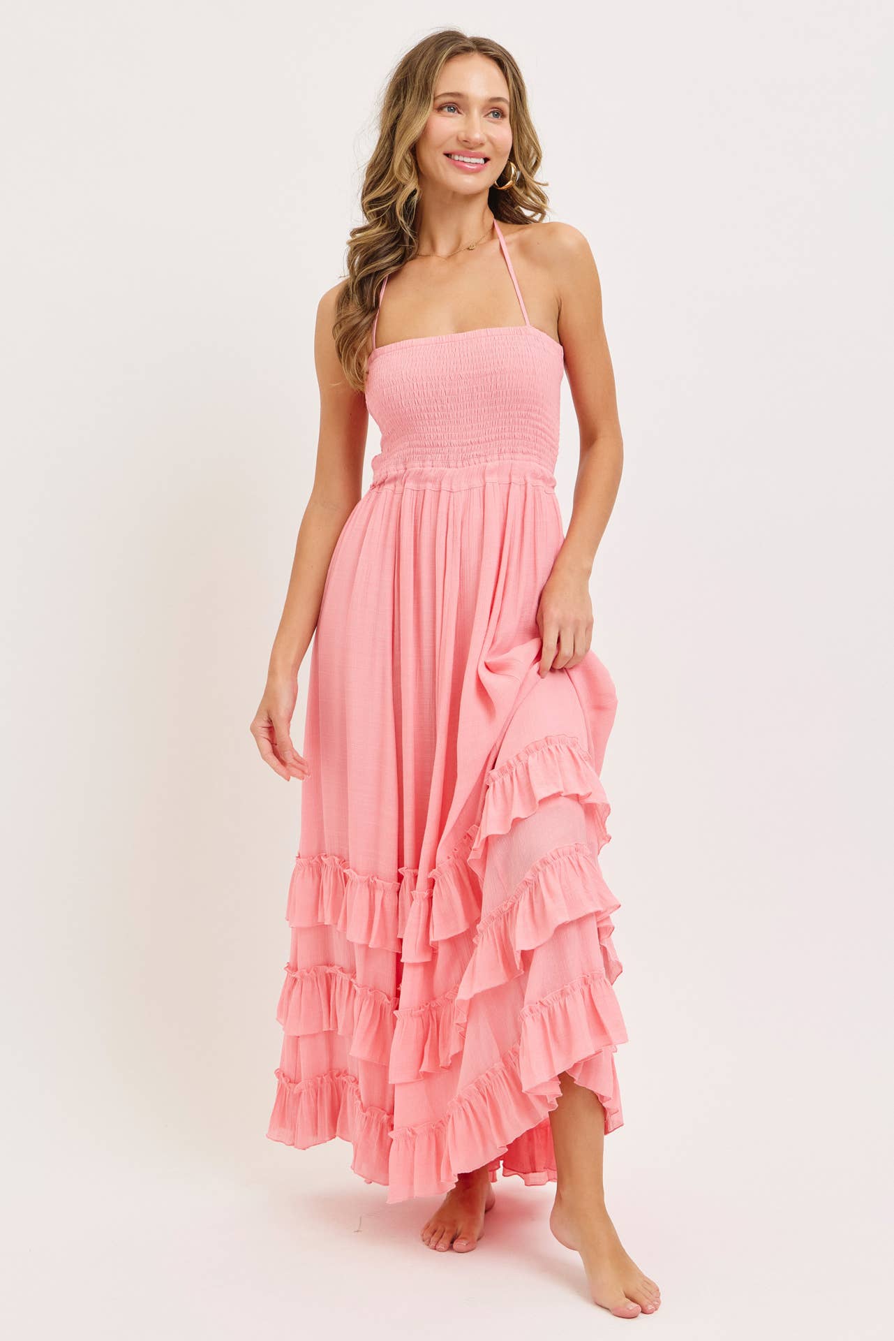 Pink Halter Ruffle Tier Maxi Dress