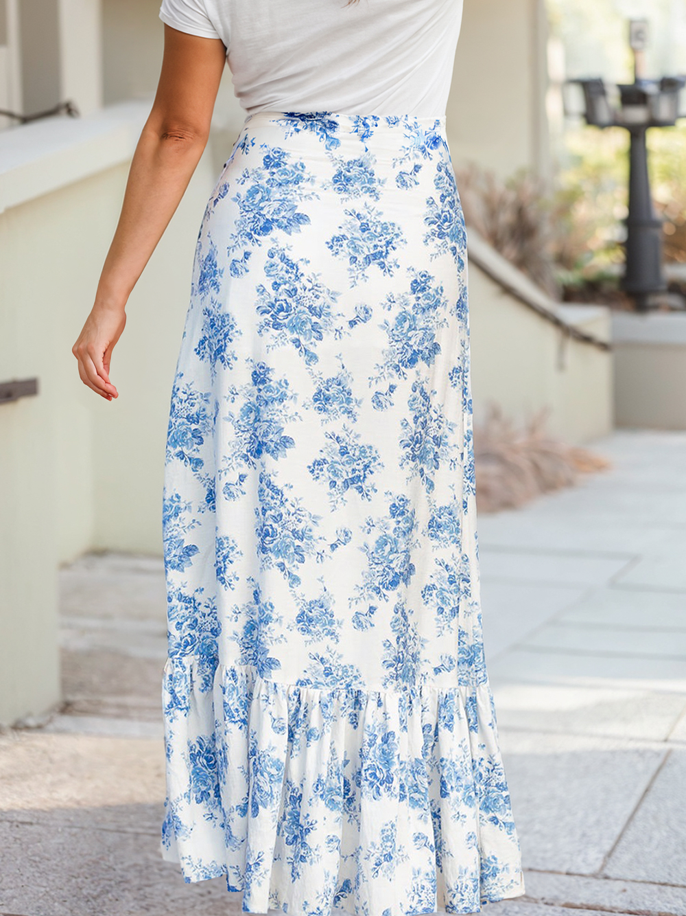Blue Floral High Waist Ruffle Split Maxi Skirt