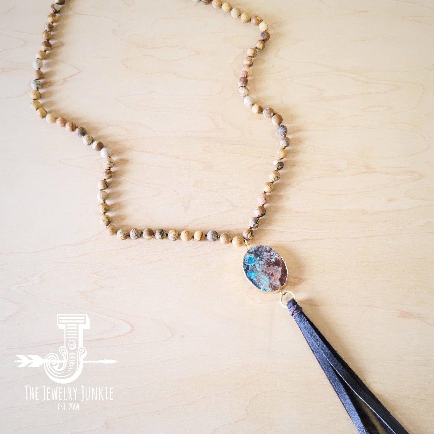 Bohemian Beaded Jasper Necklace with Ocean Agate Pendant 245