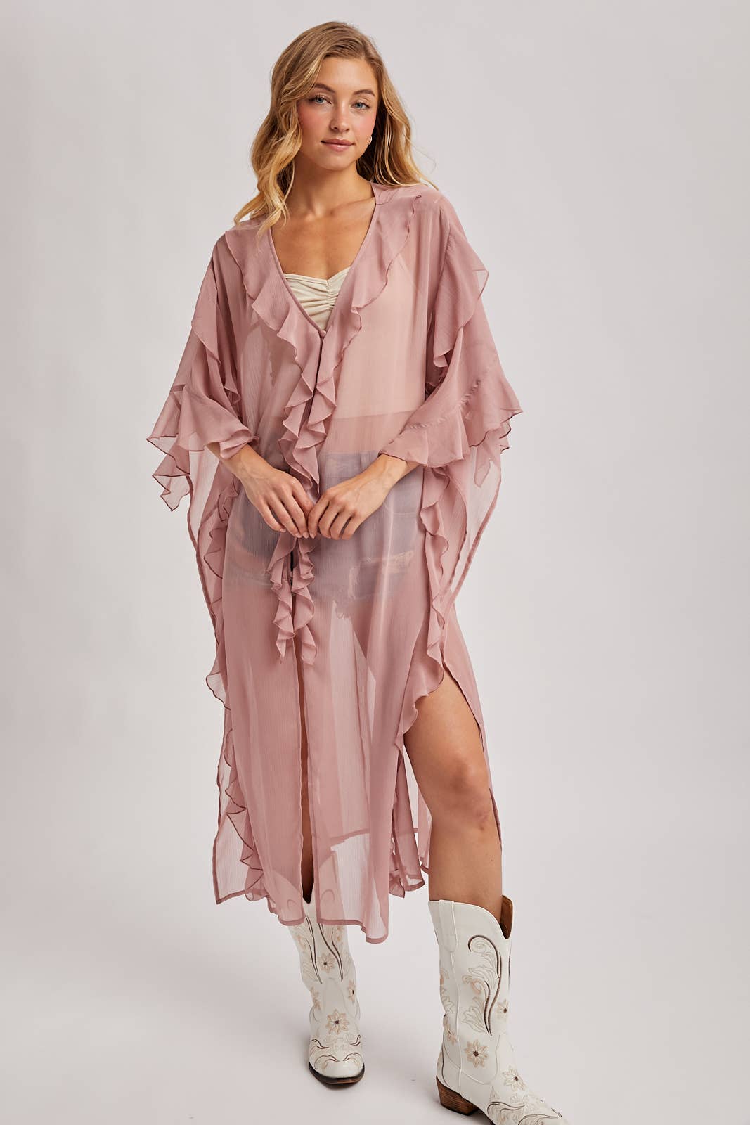 Sheer Dusty Rose Ruffled Kimono