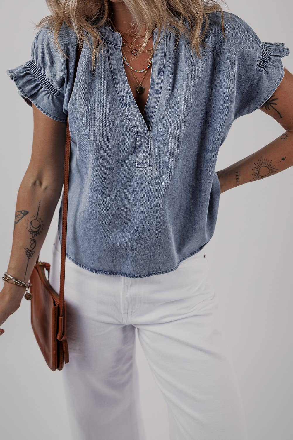 Ruffled Short Puff Sleeve Denim