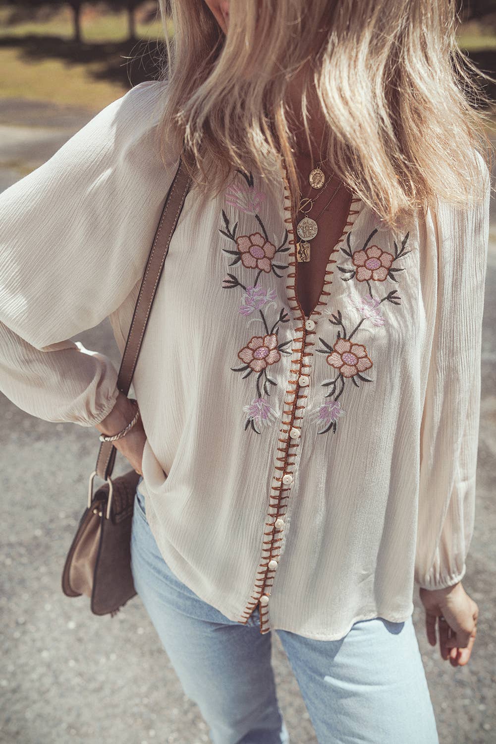 Floral Embroidered Puff Sleeve Loose Shirt