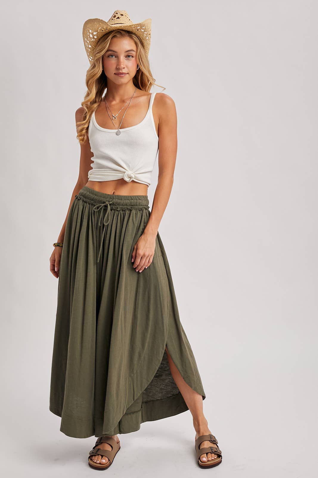 BOHEMIAN SIDE SLIT OLIVE WIDE LEG PANT