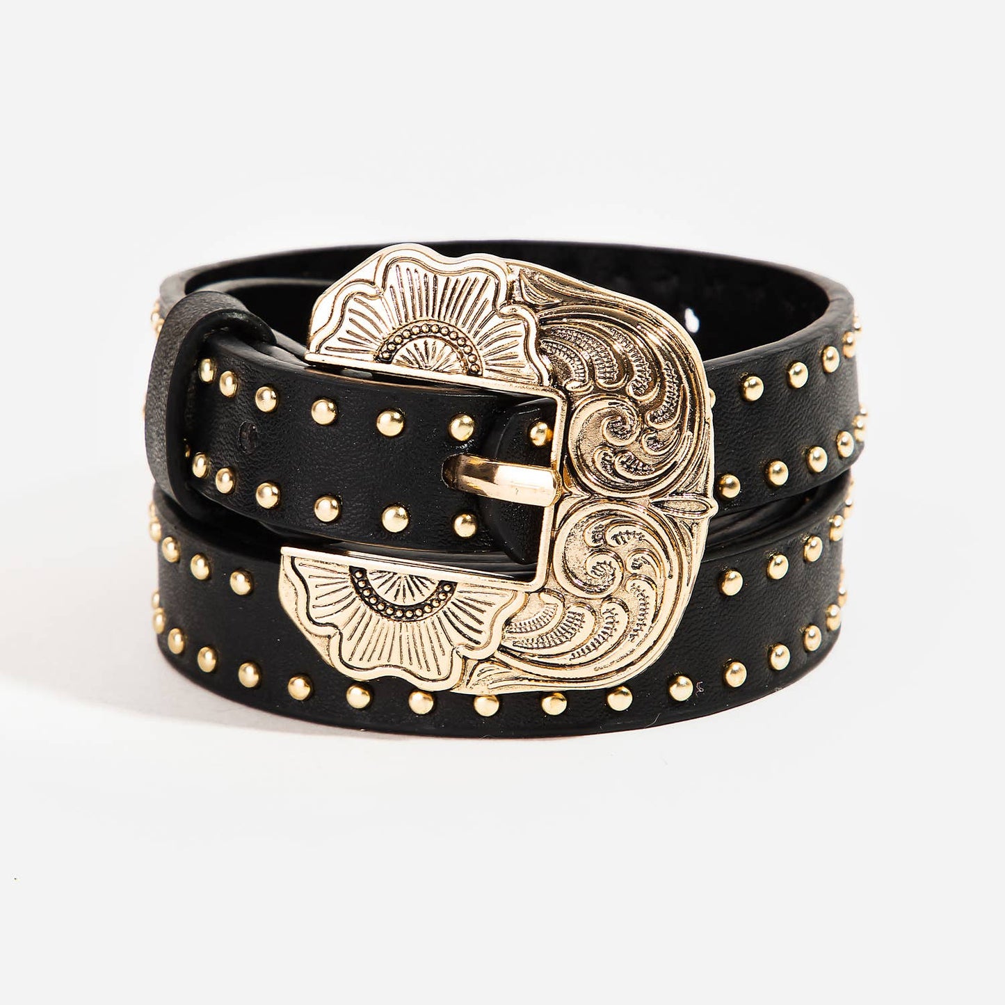 Studded Faux Leather Ornate Buckle Belt