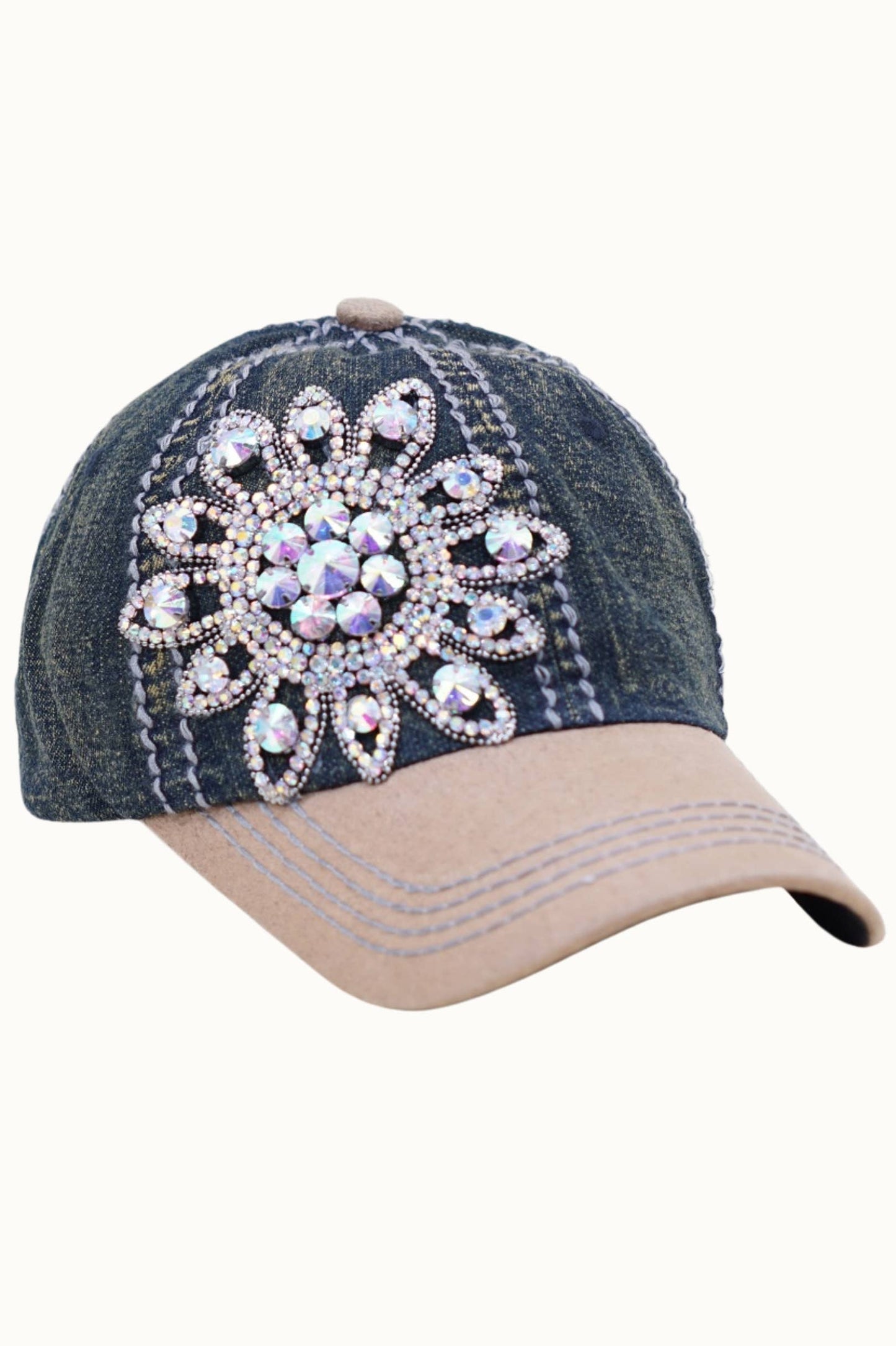 Denim Sunflower Bejeweled Cap, Adjustable
