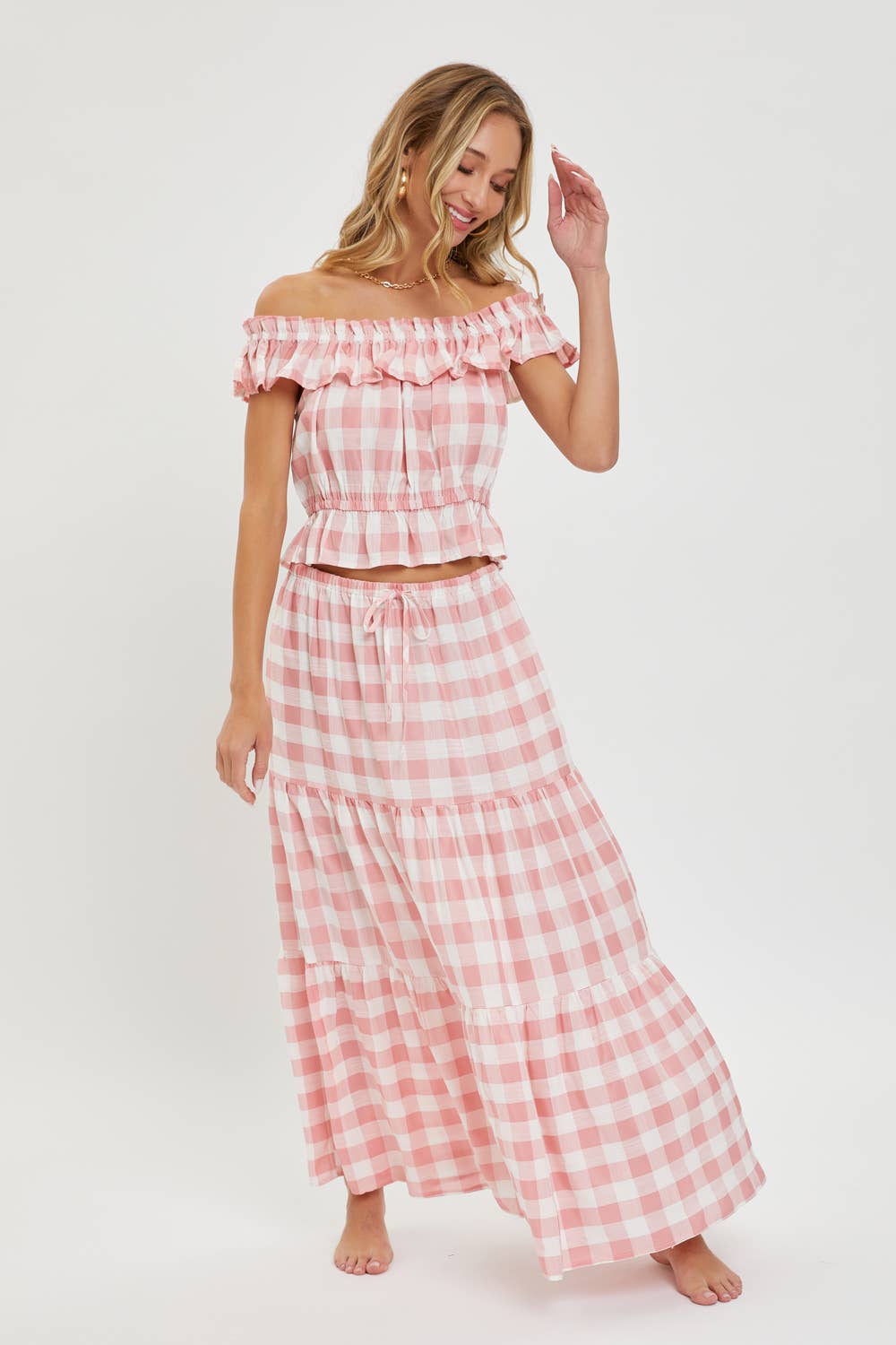 Gingham Tiered Maxi Skirt w Pockets