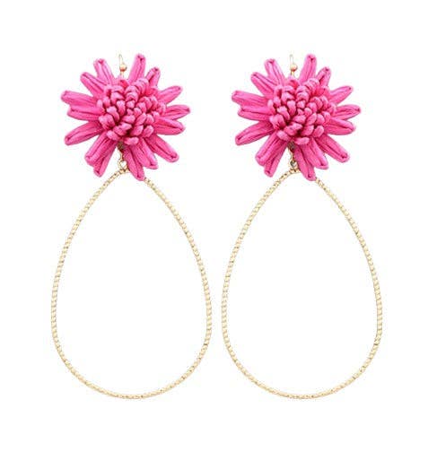 Pink Raffia Flower Teardrop Earrings