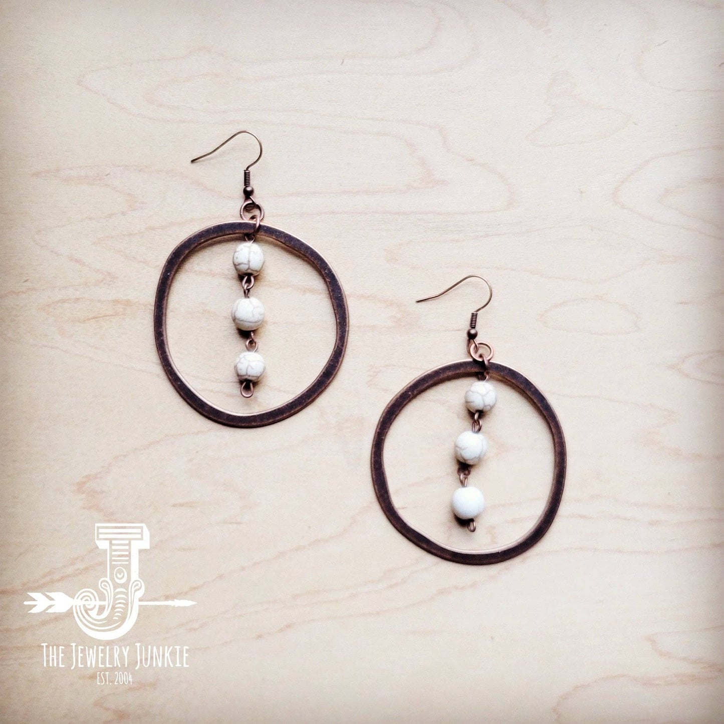 Western Copper Hoop Earrings w/ White Turquoise Beads