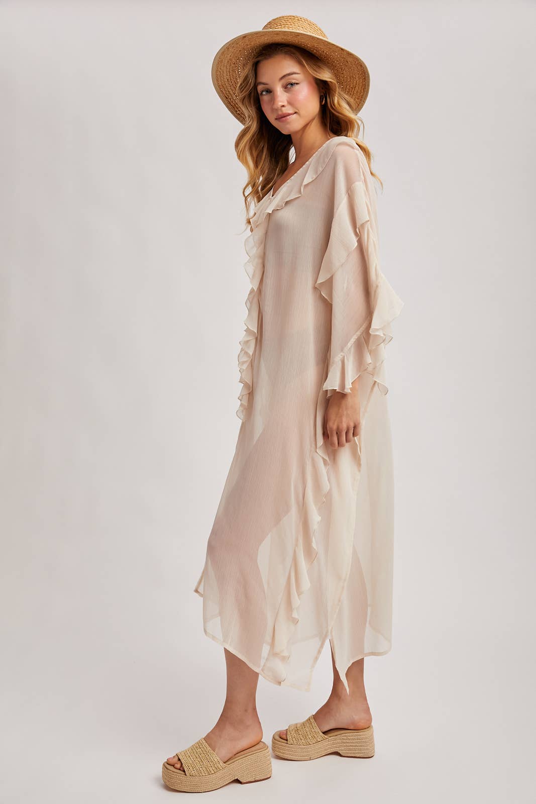 Sheer Dusty Rose Ruffled Kimono