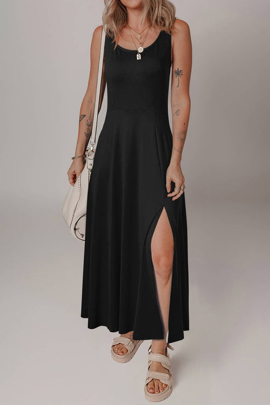 Black Casual Side Split Midi Dress