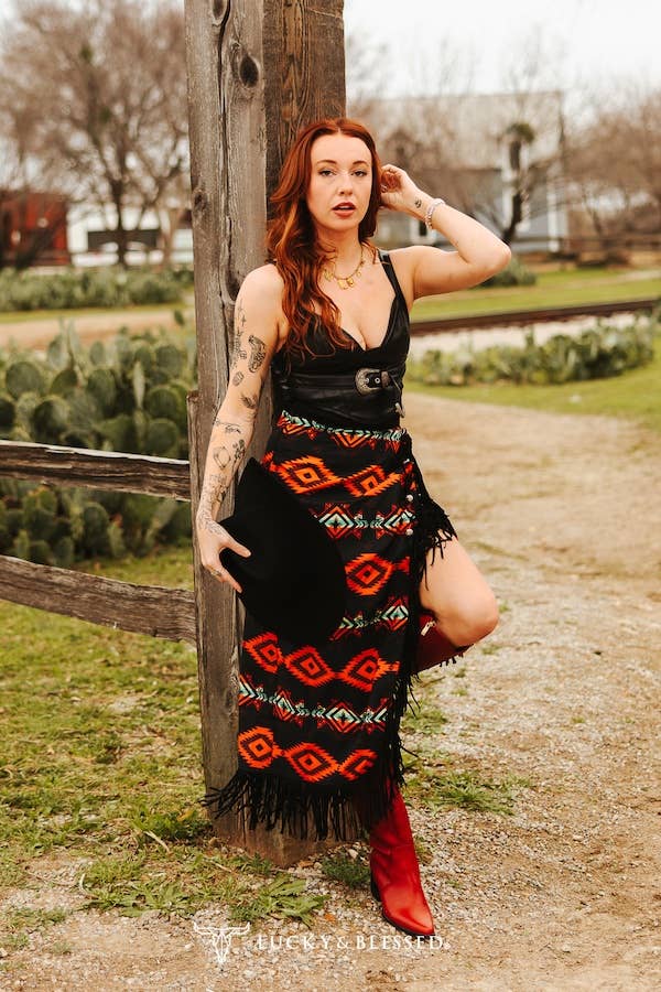 Aztec Concho Button Wrap Fringe Skirt