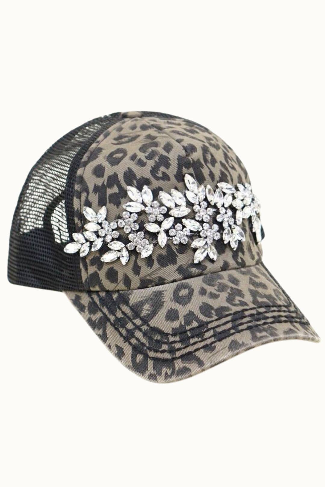 Leopard Bejeweled Trucker Cap, Adj