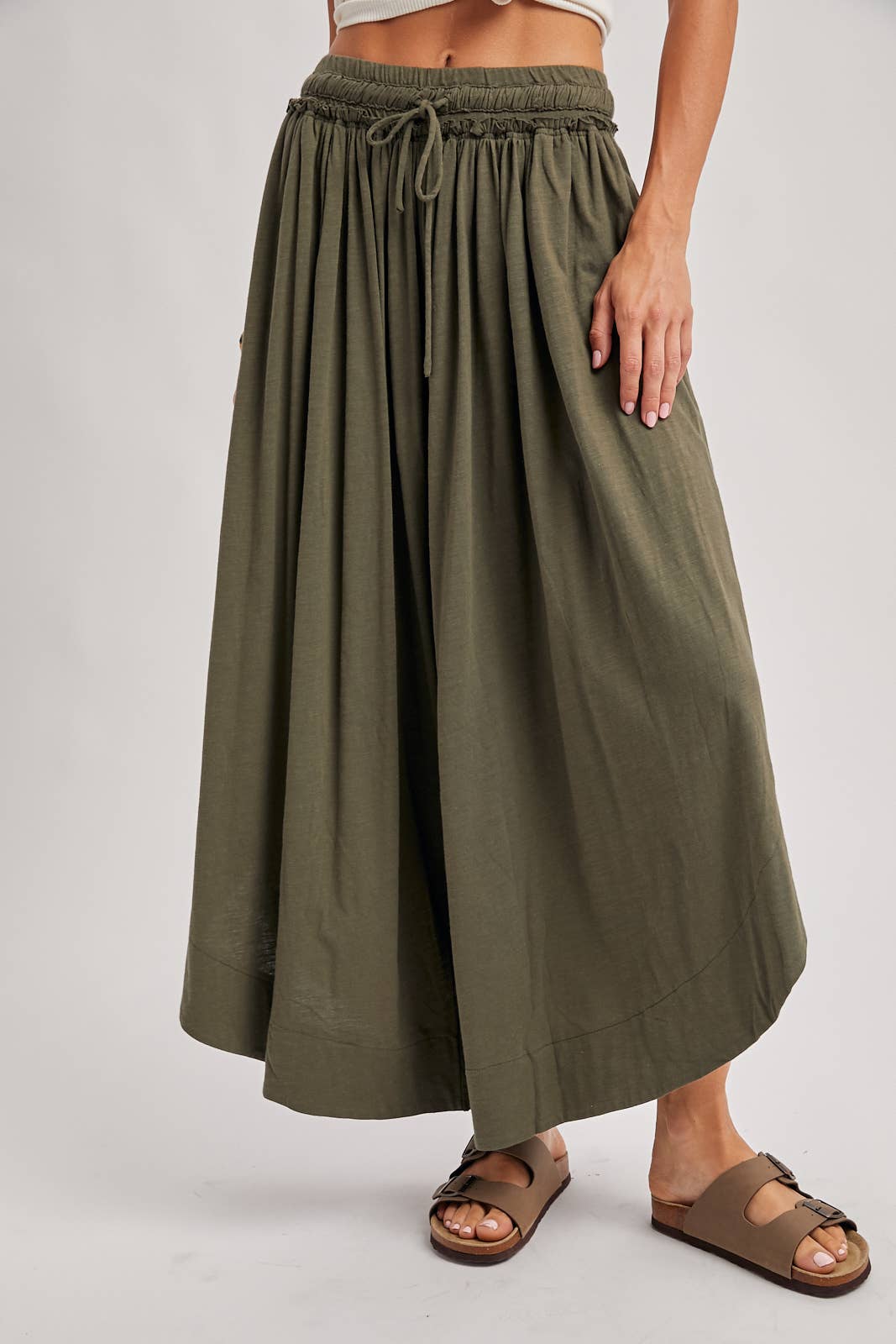 BOHEMIAN SIDE SLIT OLIVE WIDE LEG PANT