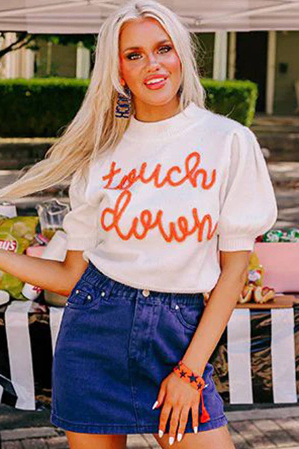 Touchdown Puff Sleeve Crew Neck Sweater