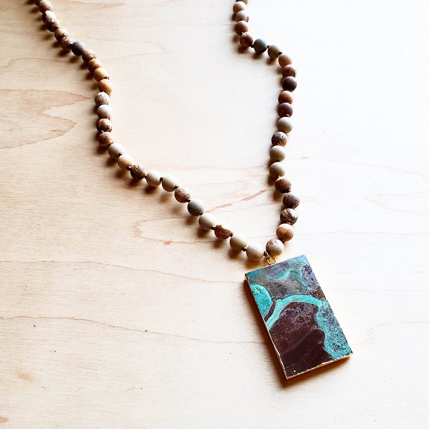 Bohemian Beaded Jasper Necklace with Ocean Agate Pendant 245