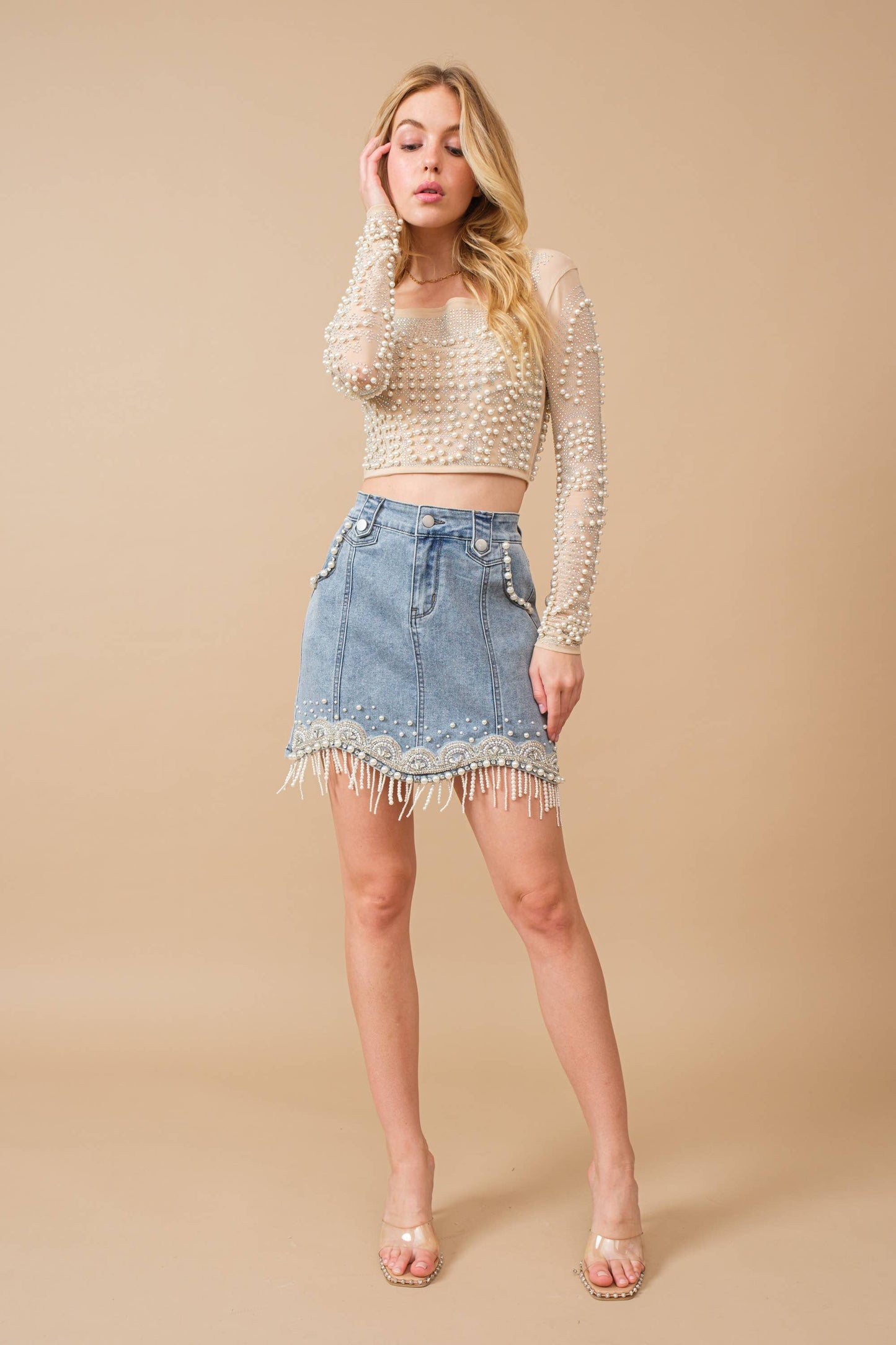 Denim Embellished Pearl Mini Skirt