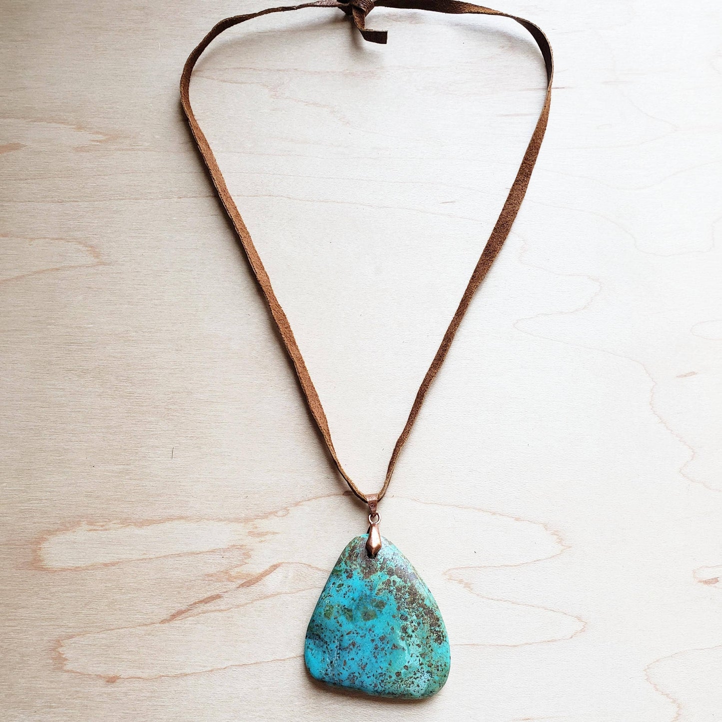 Leather Necklace with Natural Turquoise Pendant-Tan 249q