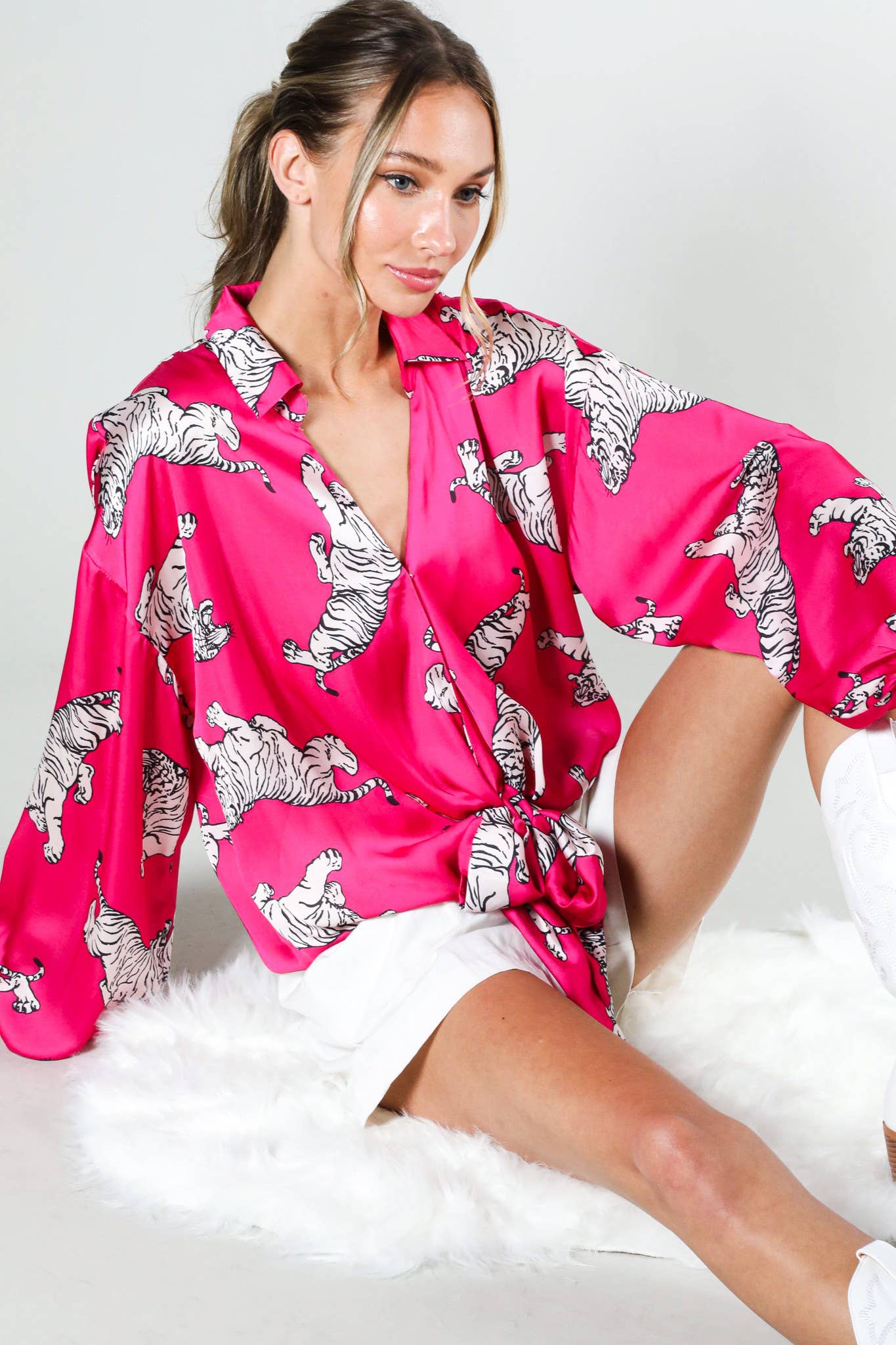 Tie Front Tiger Pink Satin