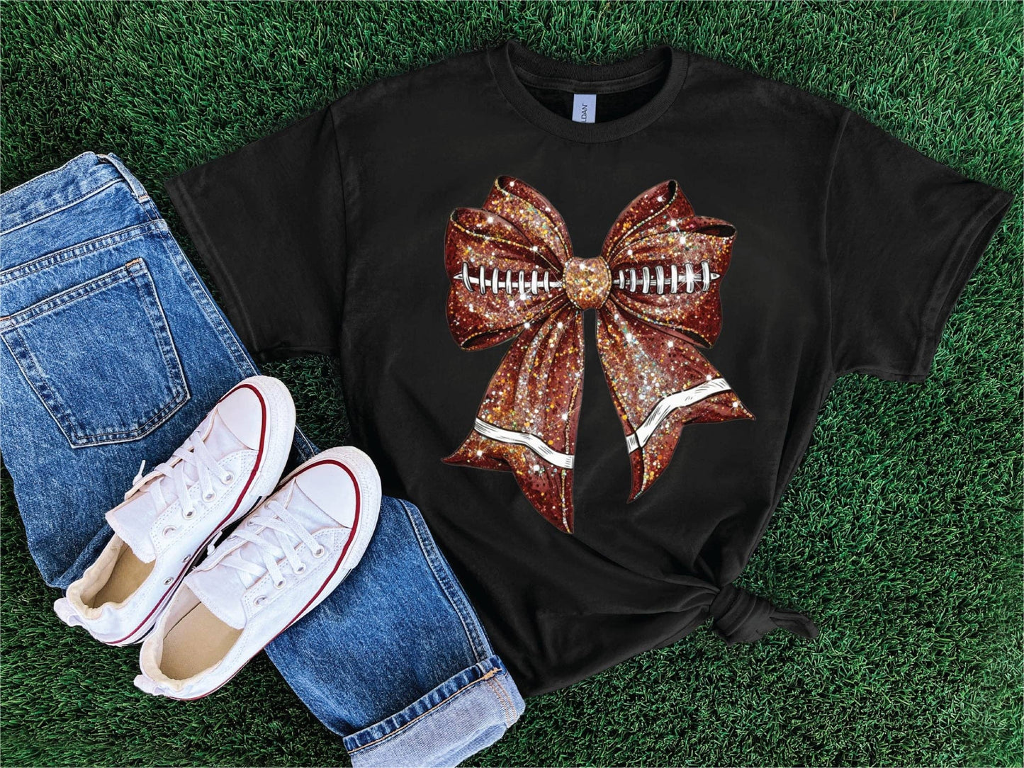 Faux Glitter Football Bow Graphic T-Shirt