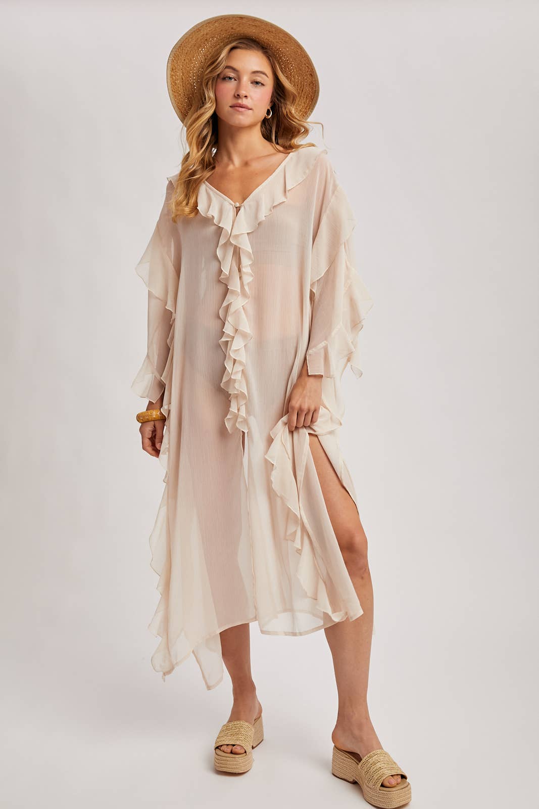 Sheer Dusty Rose Ruffled Kimono