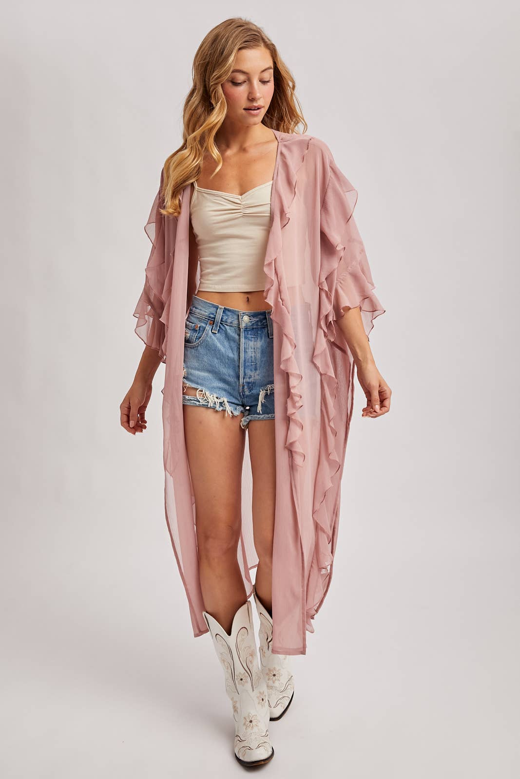 Sheer Dusty Rose Ruffled Kimono