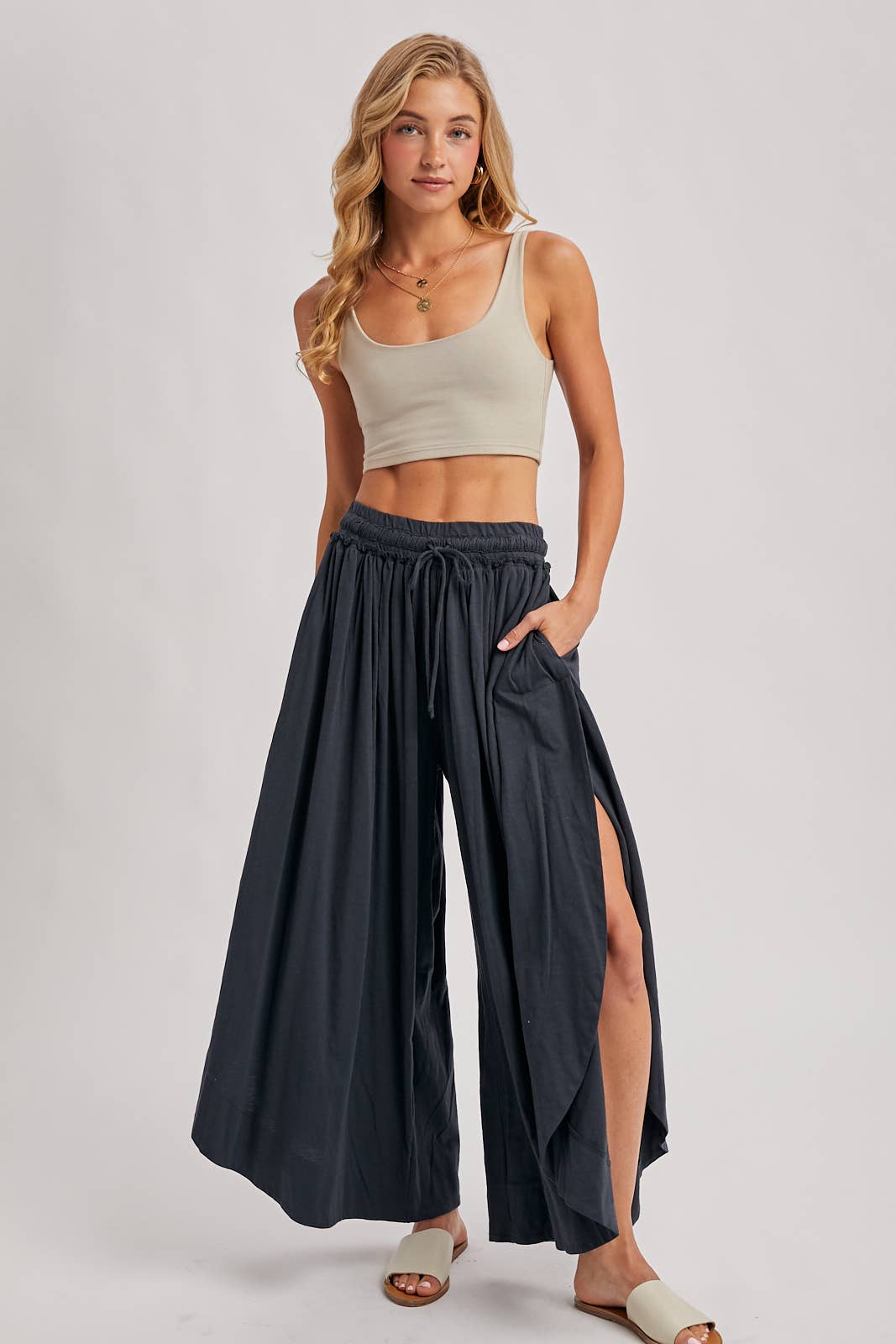 BOHEMIAN SIDE SLIT OLIVE WIDE LEG PANT
