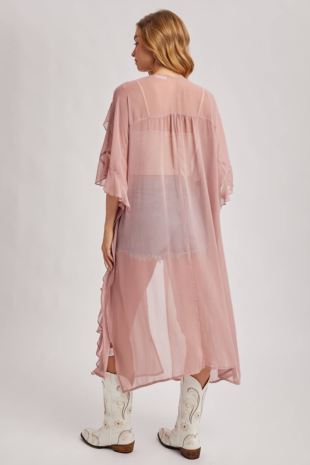 Sheer Dusty Rose Ruffled Kimono