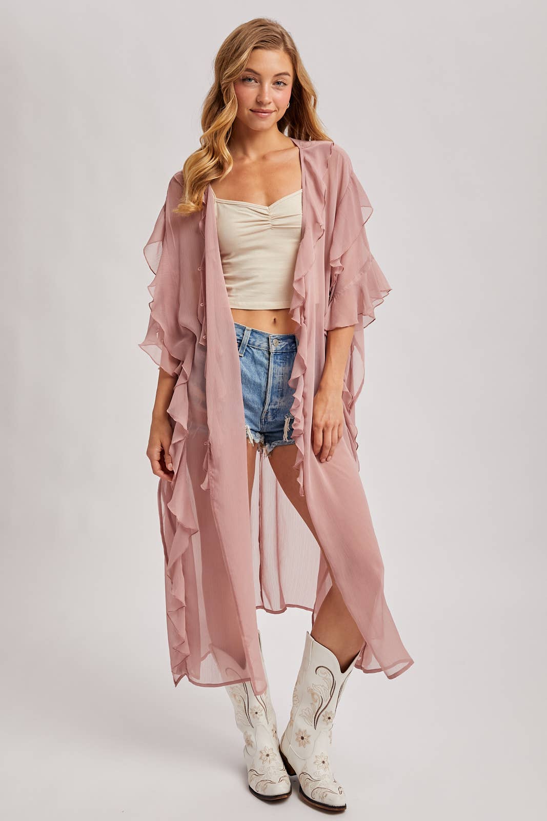 Sheer Dusty Rose Ruffled Kimono