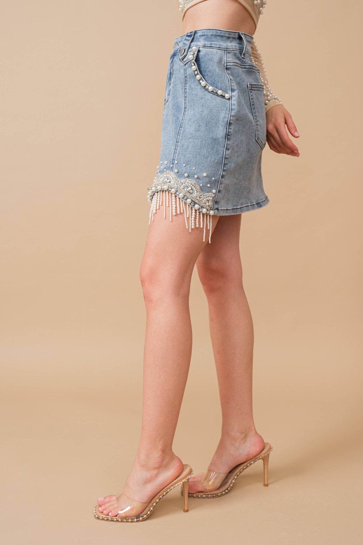 Denim Embellished Pearl Mini Skirt