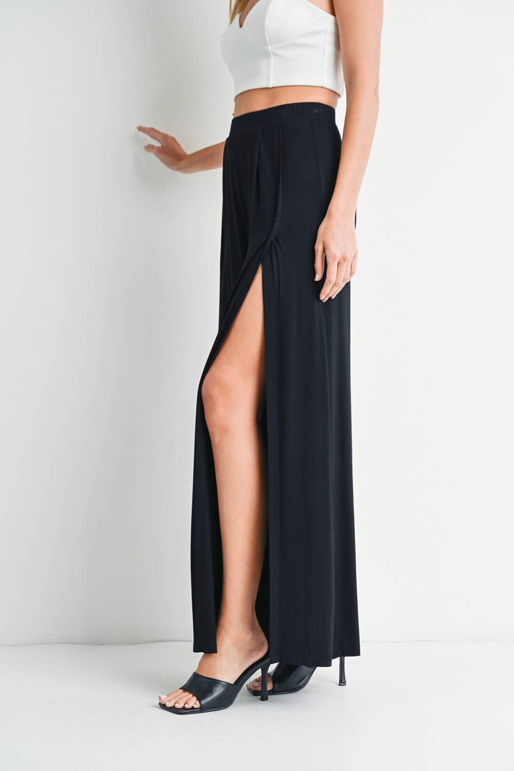 Black Wide Leg Slit Knit Pants