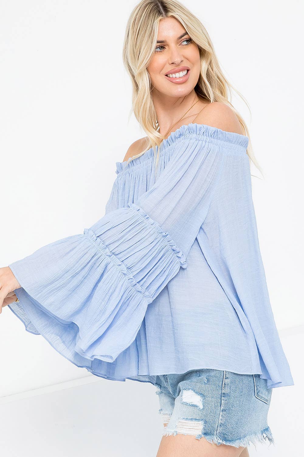 TIERED BELL SLEEVE OFF SHOULDER TOP