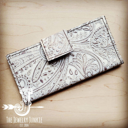 **Embossed Leather Wallet in Oyster Paisley with Snap 301p