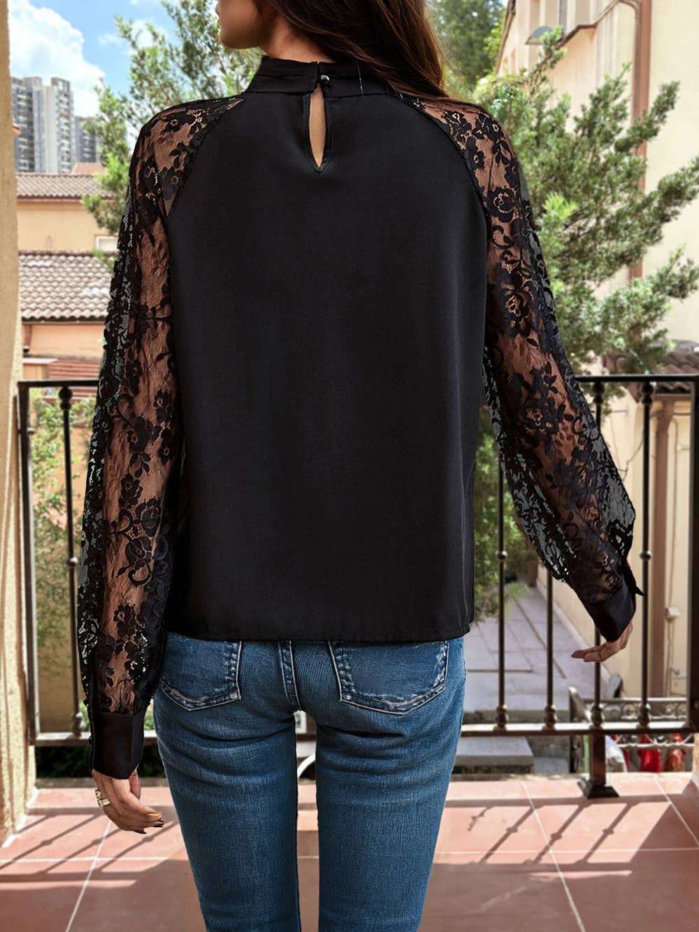 Keyhole Lace Sleeve Blouse