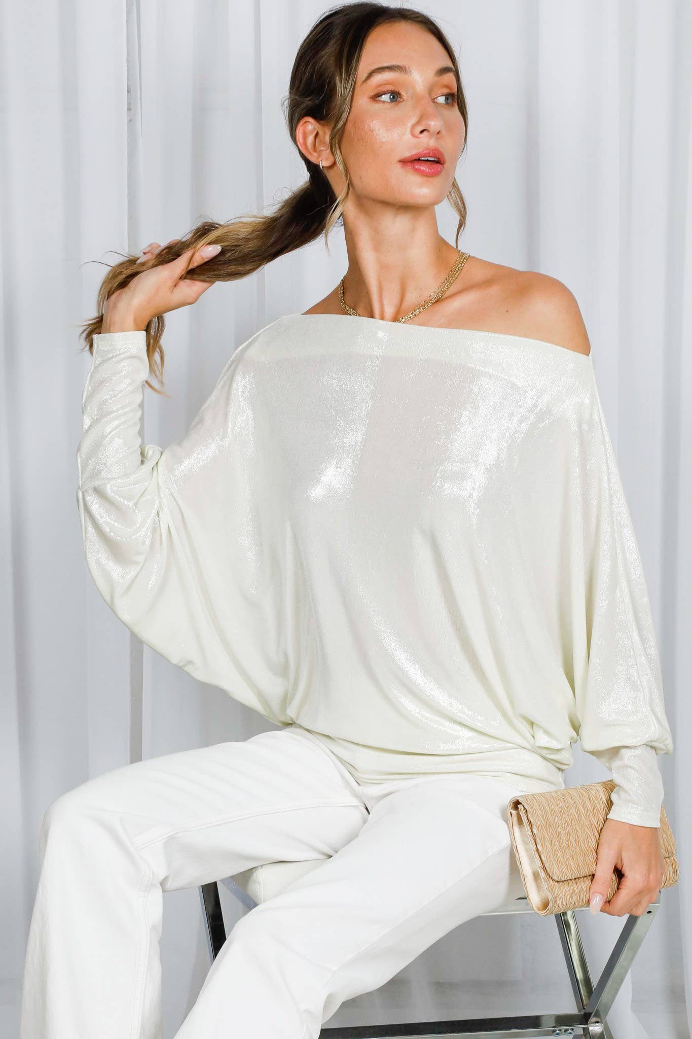 Dolman Long-Sleeve Metallic Foil Knit Top VT82585