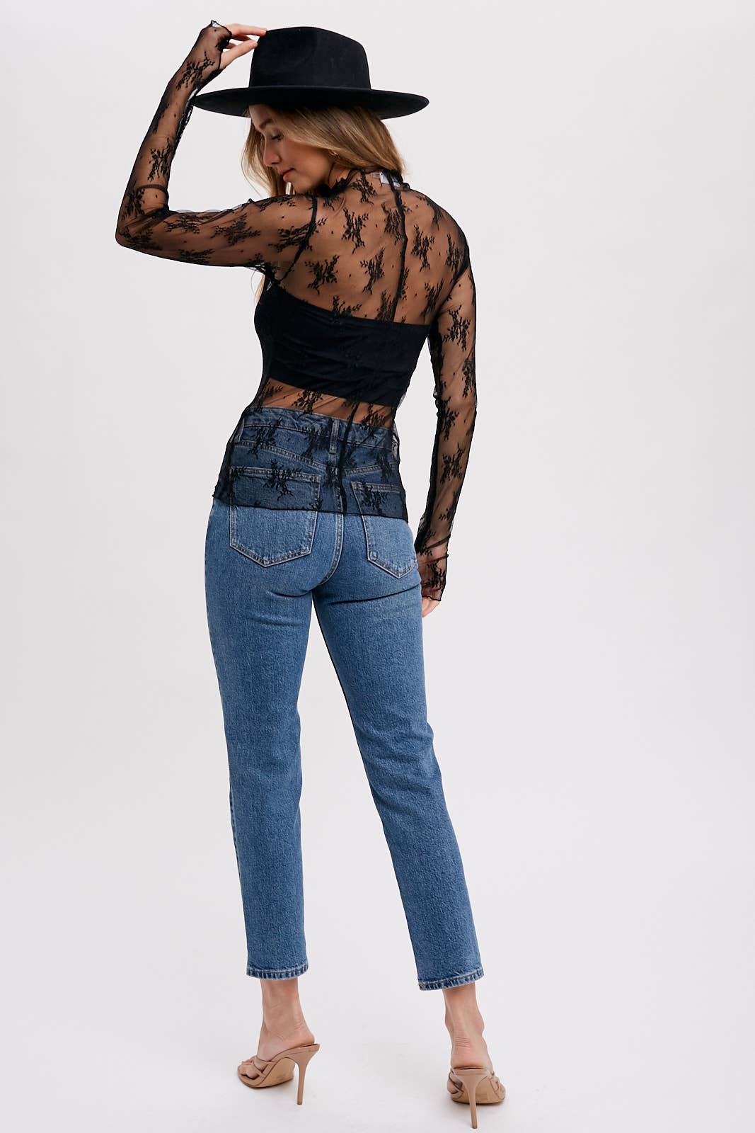FLORAL LACE MESH TOP BLK
