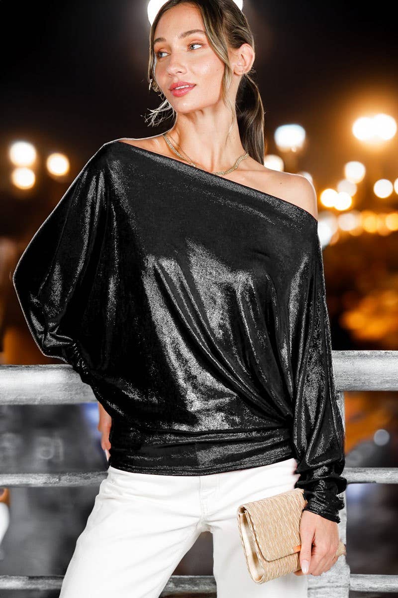 Dolman Long-Sleeve Metallic Foil Knit Top VT82585