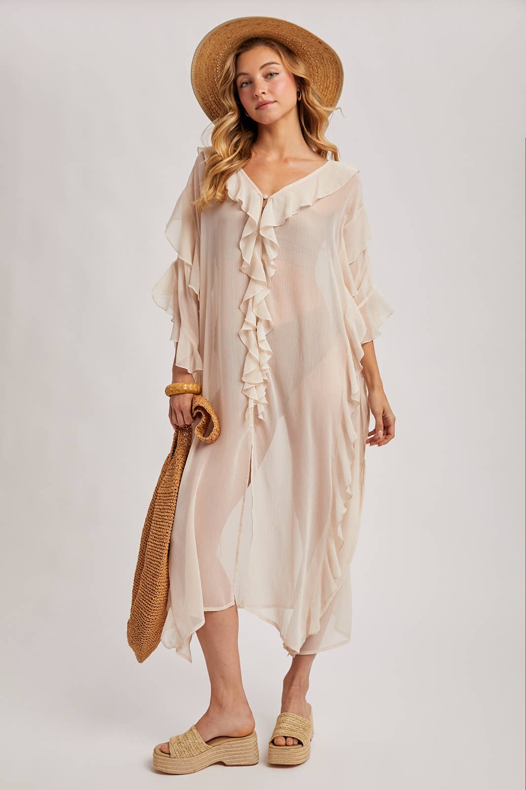 Sheer Dusty Rose Ruffled Kimono