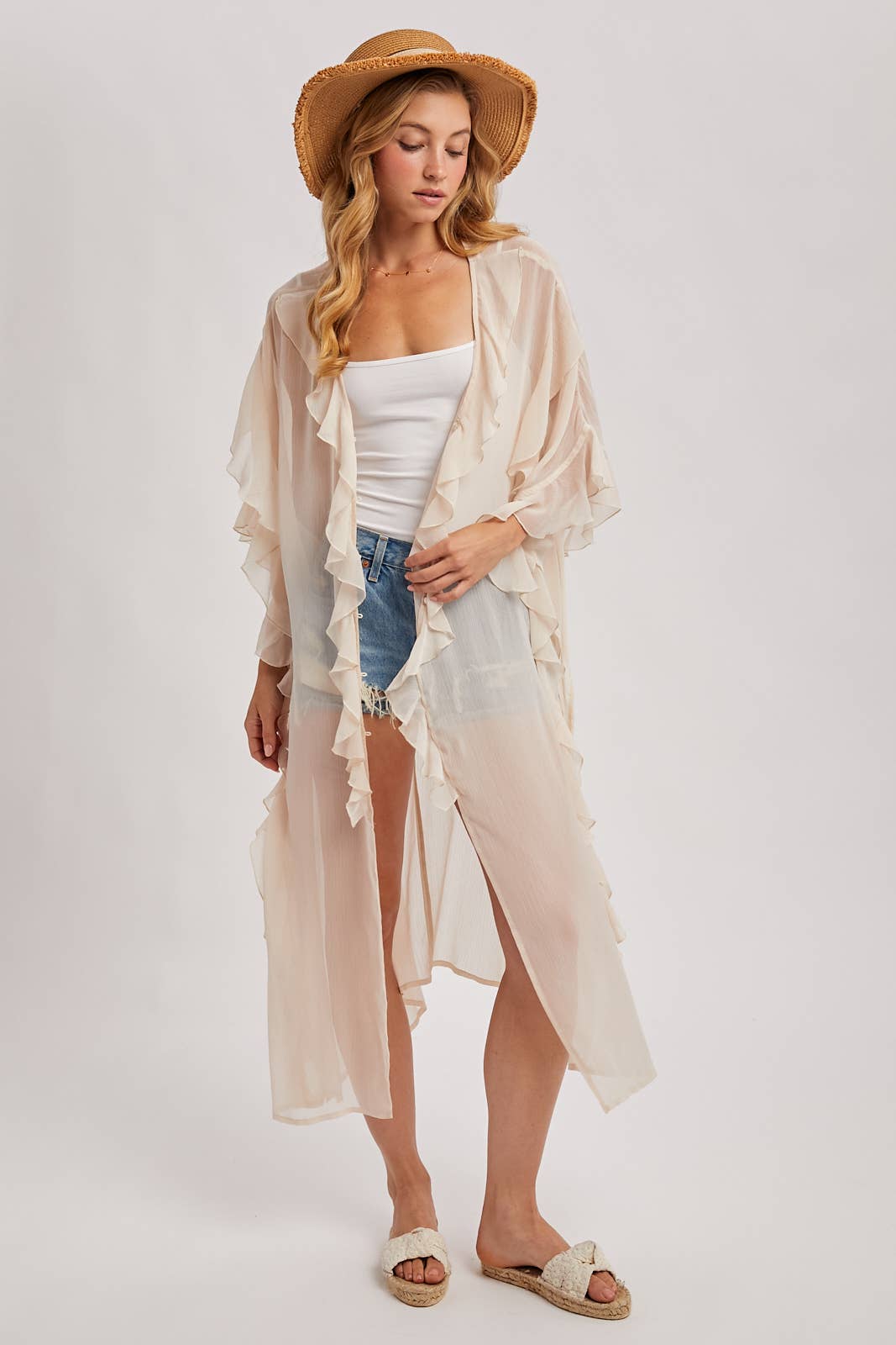 Sheer Dusty Rose Ruffled Kimono