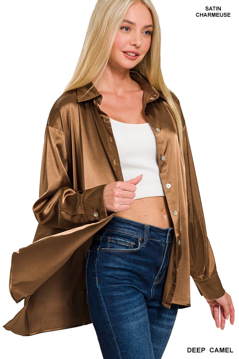 Caramel Satin Button Down Shirt