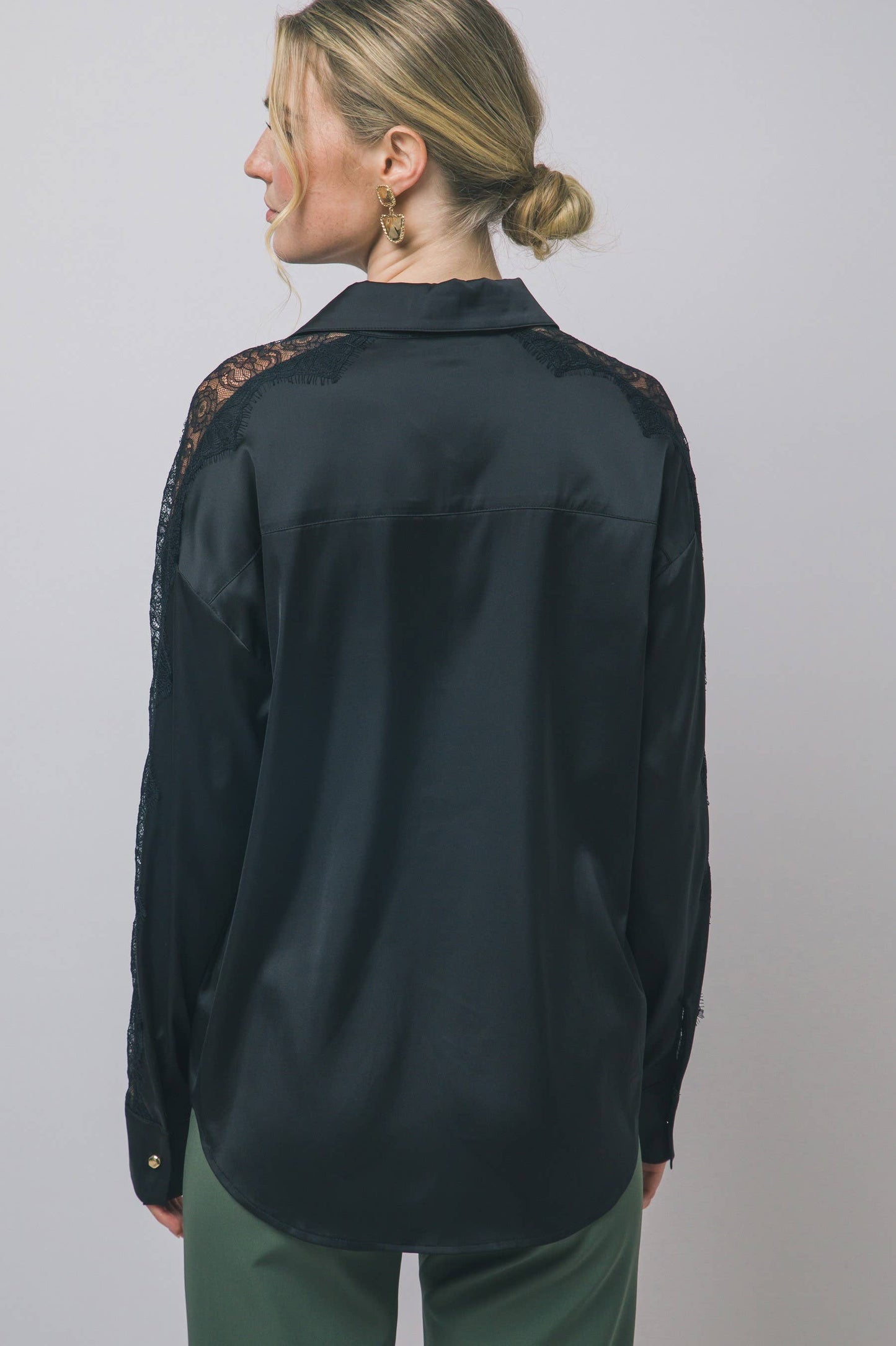 Black Satin Lace-sleeve Button Shirt