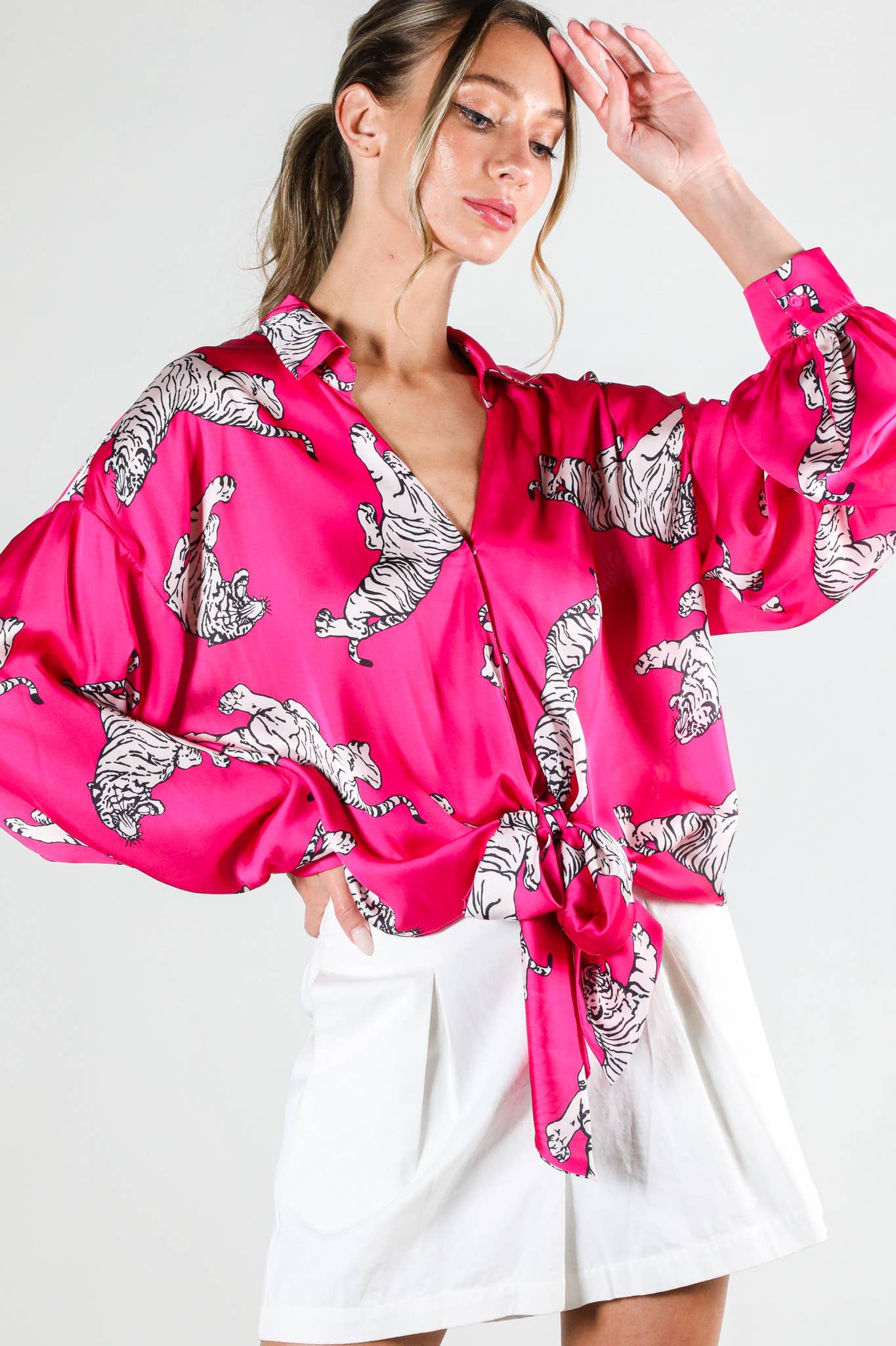 Tie Front Tiger Pink Satin