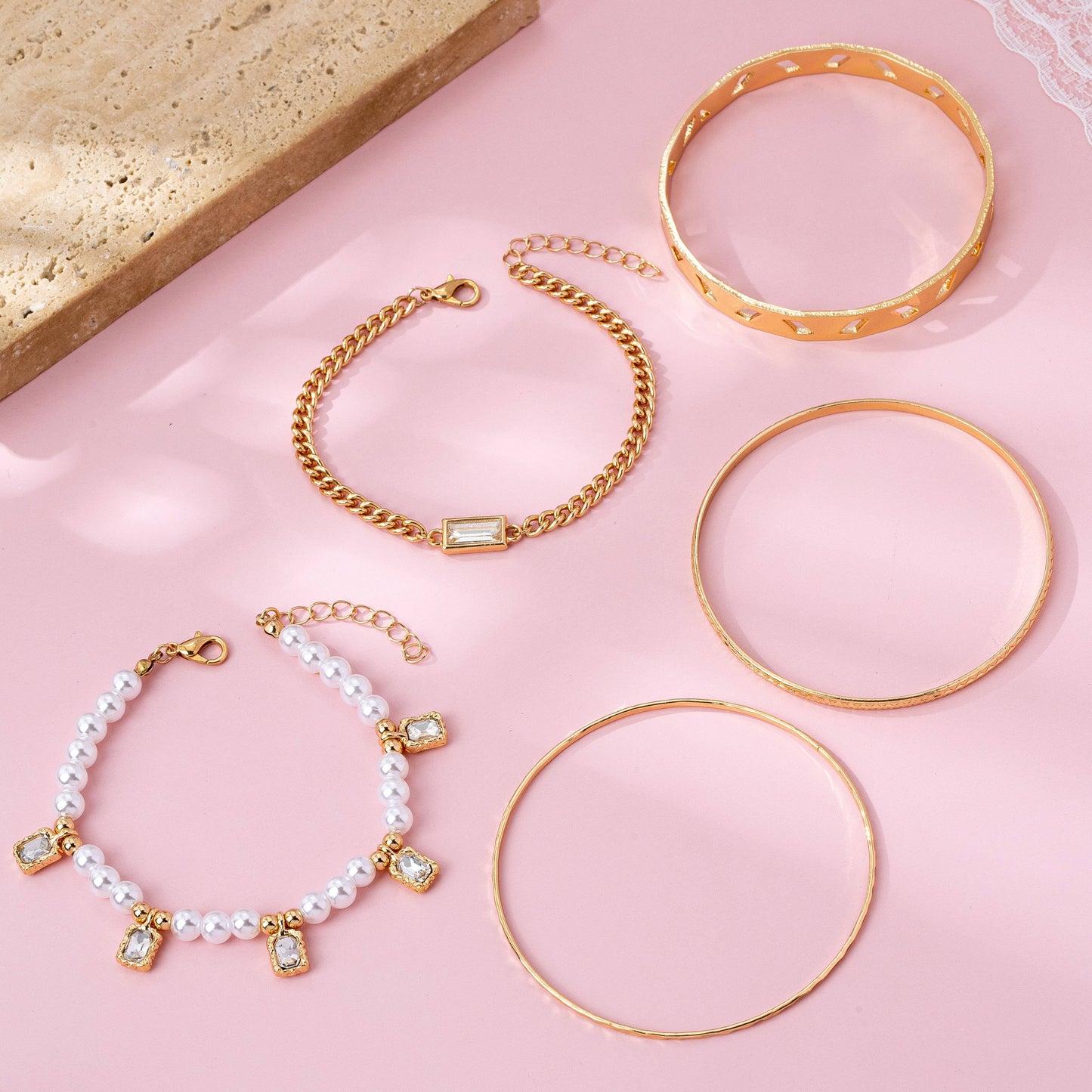 Gold & Pearl Layered Bracelet Set