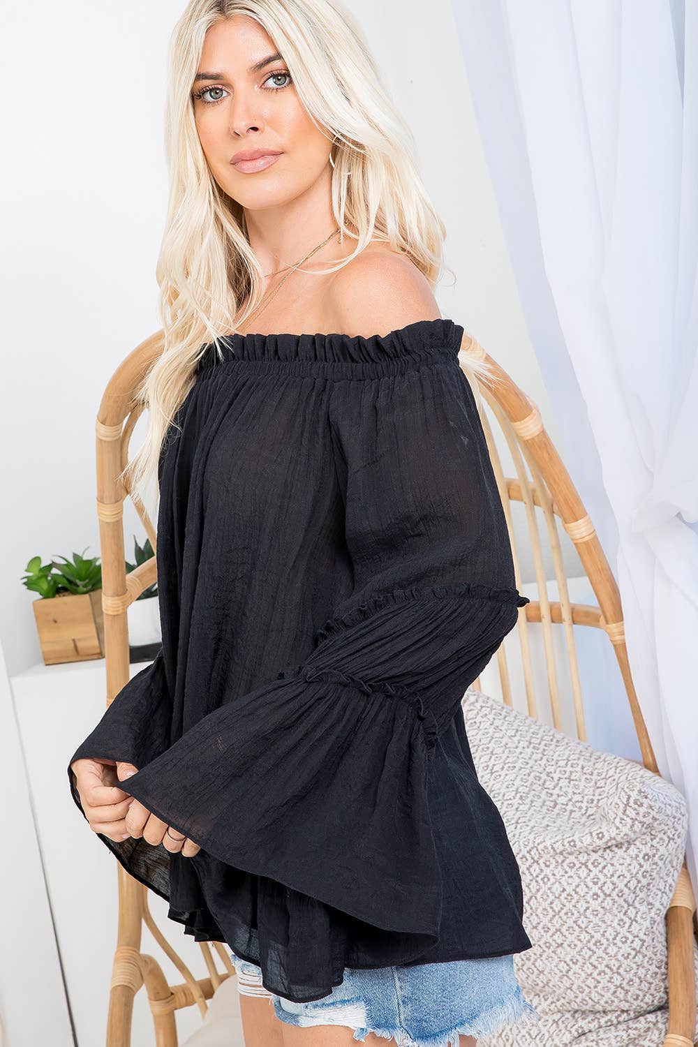 TIERED BELL SLEEVE OFF SHOULDER TOP