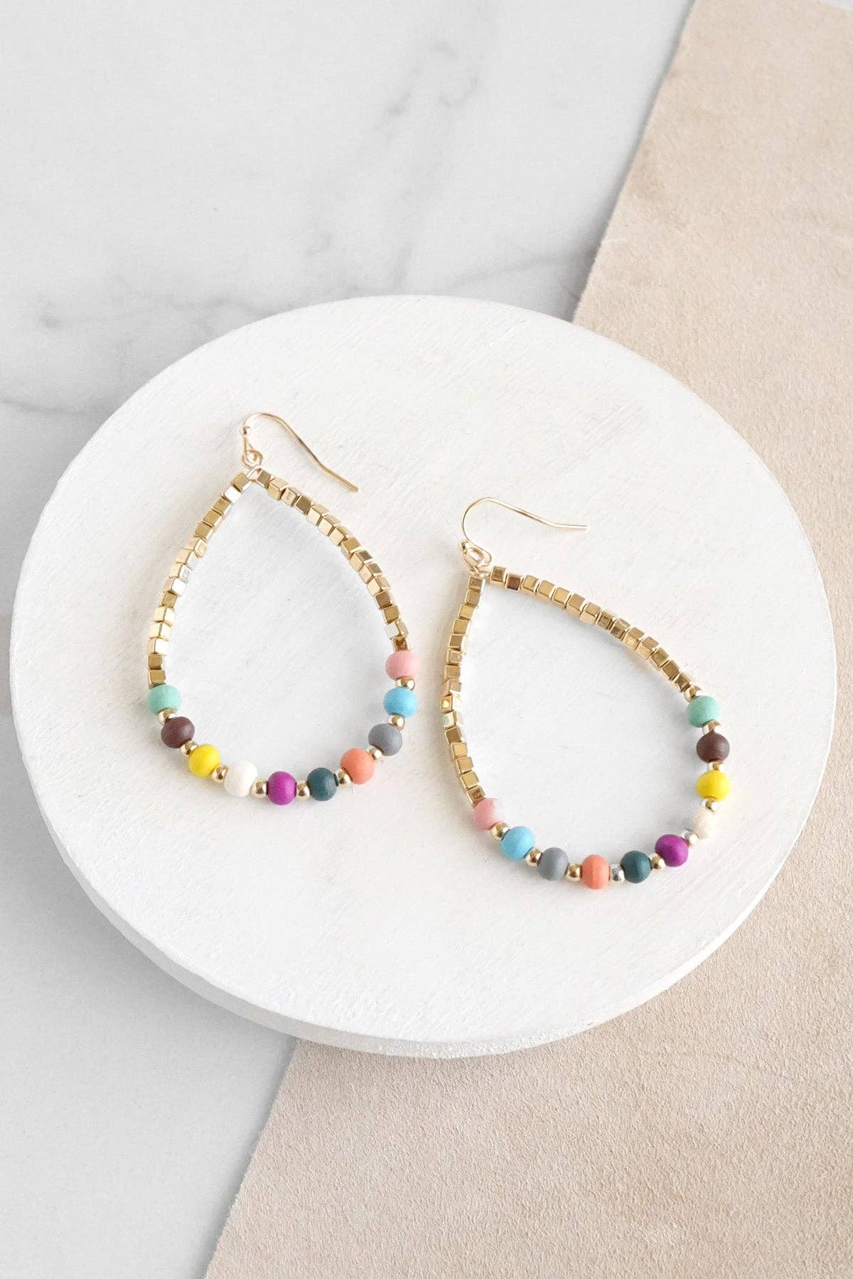 Natural Wood Gold Beaded Teardrop