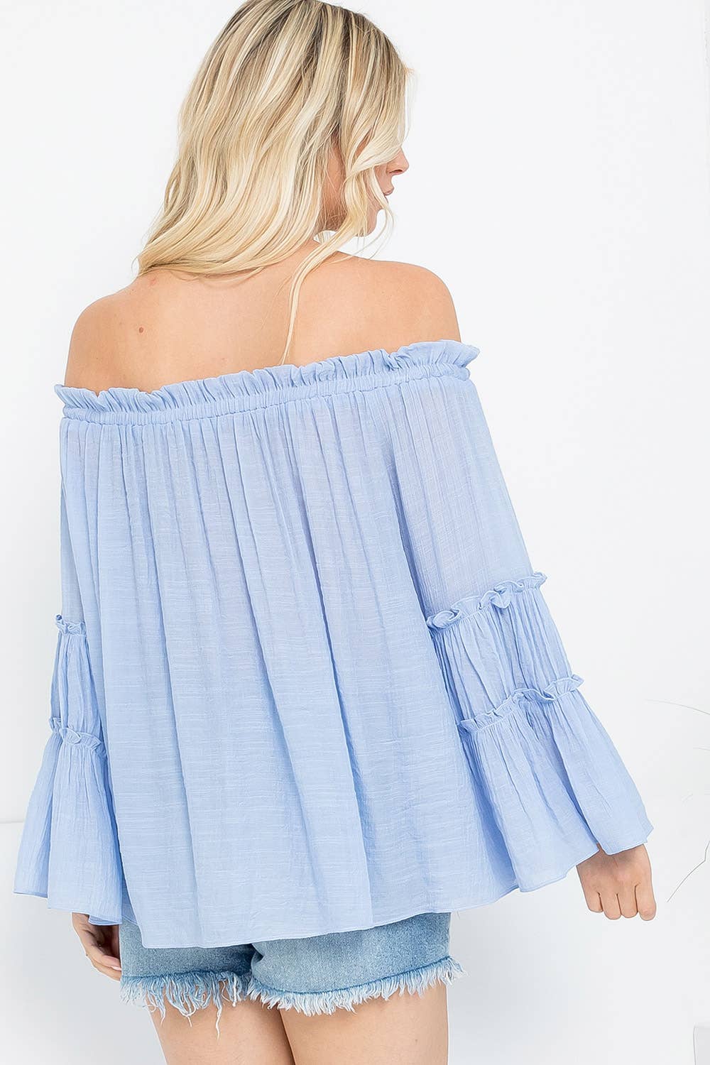 TIERED BELL SLEEVE OFF SHOULDER TOP