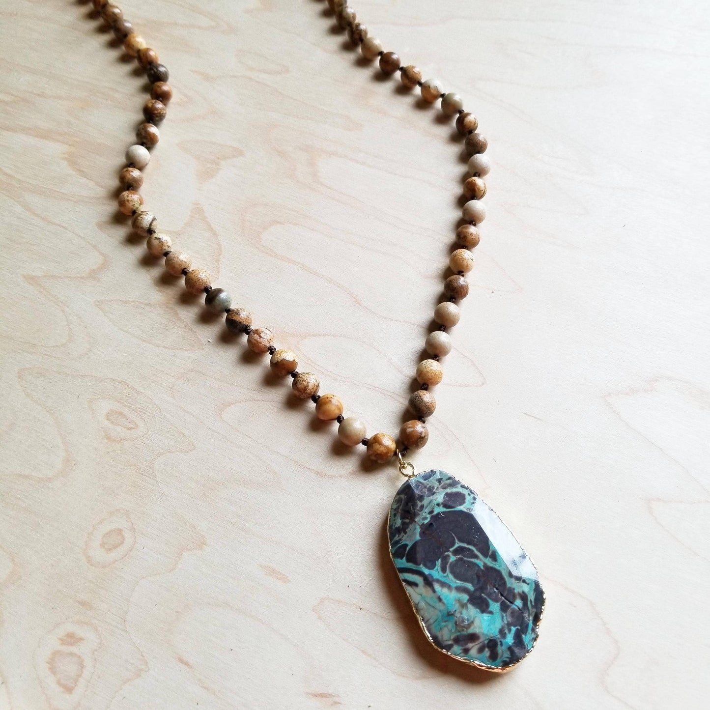 Bohemian Beaded Jasper Necklace with Ocean Agate Pendant 245