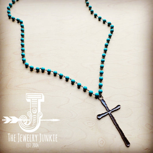 Turquoise Beaded Necklace with Antique Copper Cross