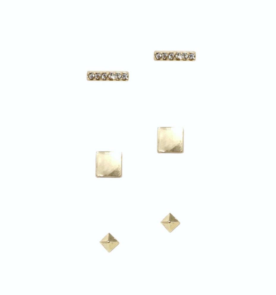 CZ Bar + Square Stud Trio Earrings